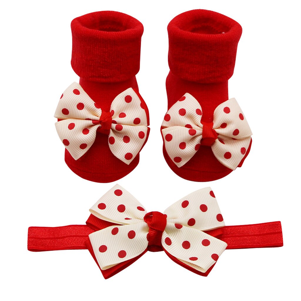 Baby Infant Girls Socks +1PC Hair Belt Toddler Girls Bow Wave Point Anti-slip Socks Cute Baby Socks Newborn #1021