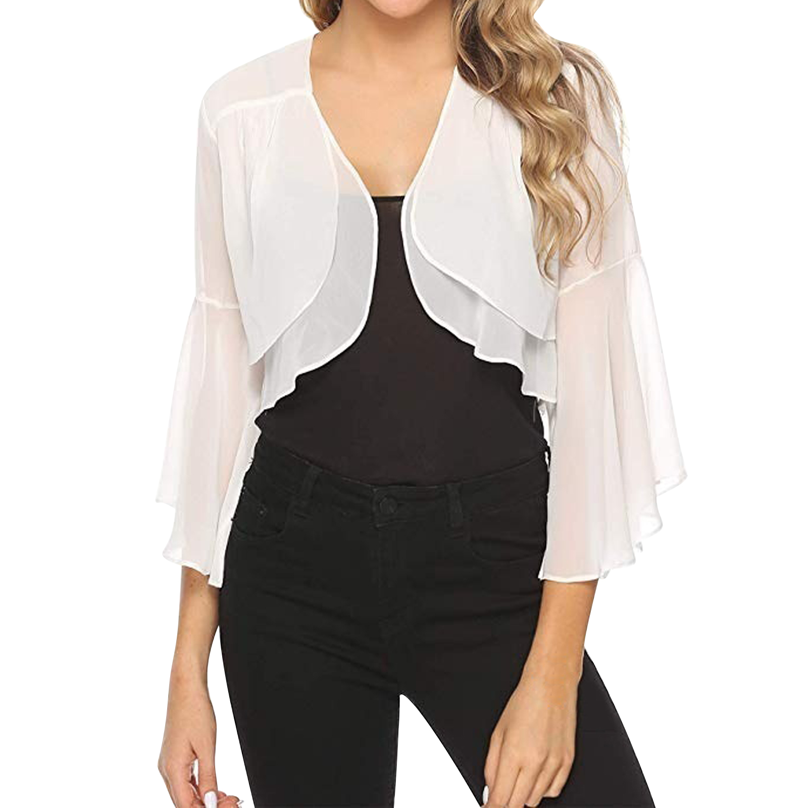 Bolero Coprispalle In Chiffon Trasparente Maniche 3/4 - Donna Protezione Solare