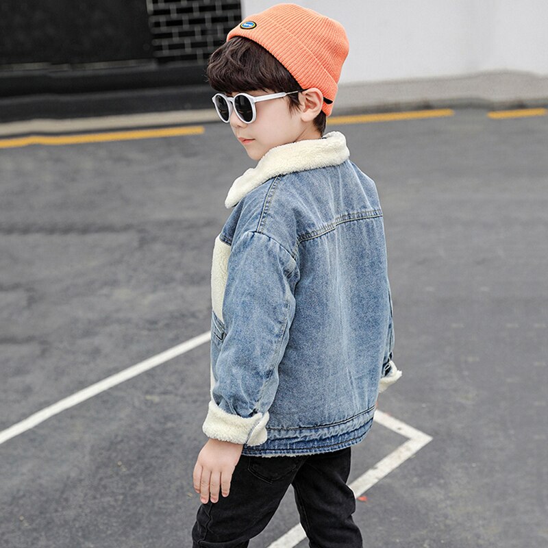 Thick Velvet Kids Winter Jean Coat Autumn Hooded Warm Boys Parkas Drawstring Mid-long Denim Jackets Outerwear