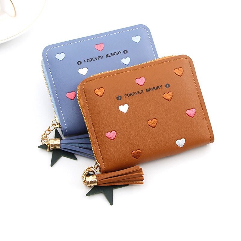 Women's Mini Wallet Candy Color Cute Coin Purse Card Package Wallets Heart-shaped Embroidery Women Short Wallet Multi-function