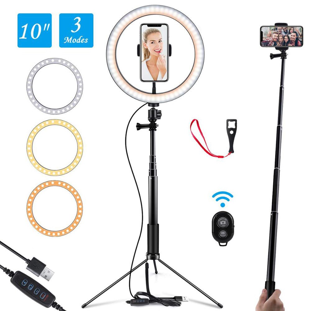 LED Selfie Ring Light with Selfie Stick 10inch Camera Phone 26CM Ring Lamp With Stand Tripod For Makeup Video Live Studio