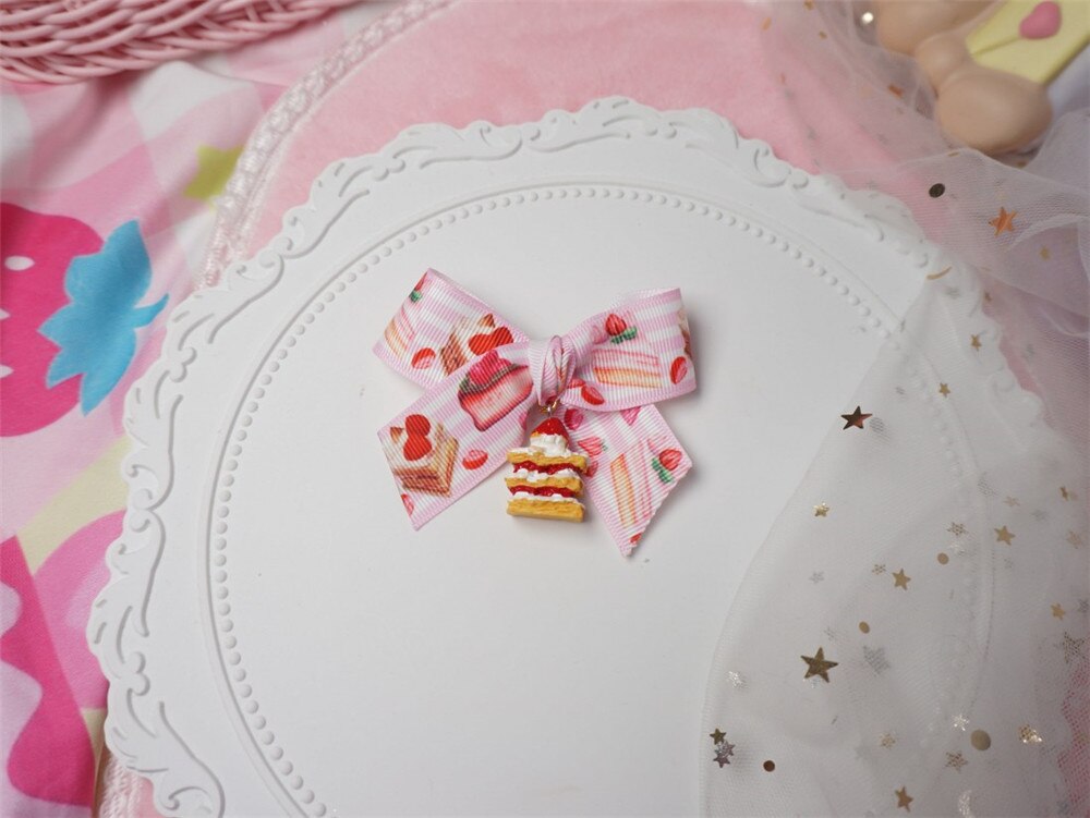 Horquilla de fresa dulce para niña y mujer, accesorios para el cabello de Lolita, a cuadros, lazo de encaje, pinza para el pelo de postre, D284: color 4