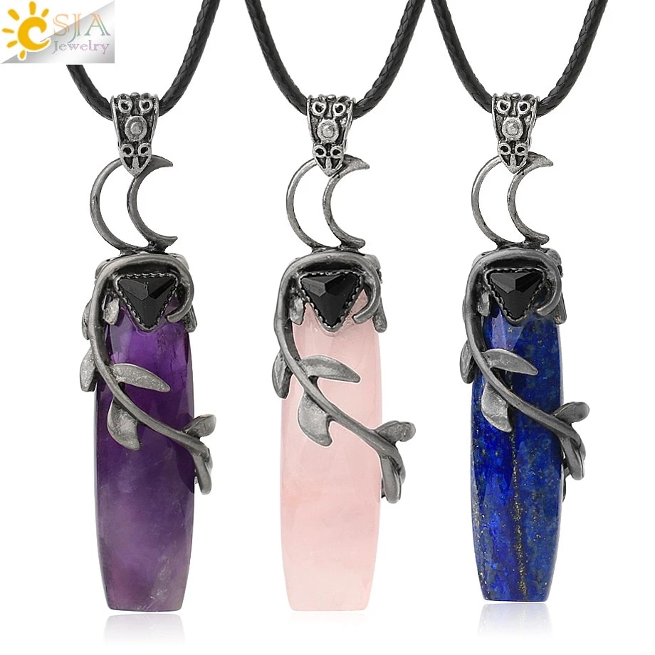 CSJA Antique Silver Color Pendant Necklaces Natural Crystal Stones Leaves Winding Faceted Rectangle Long Pendants Women Men G587