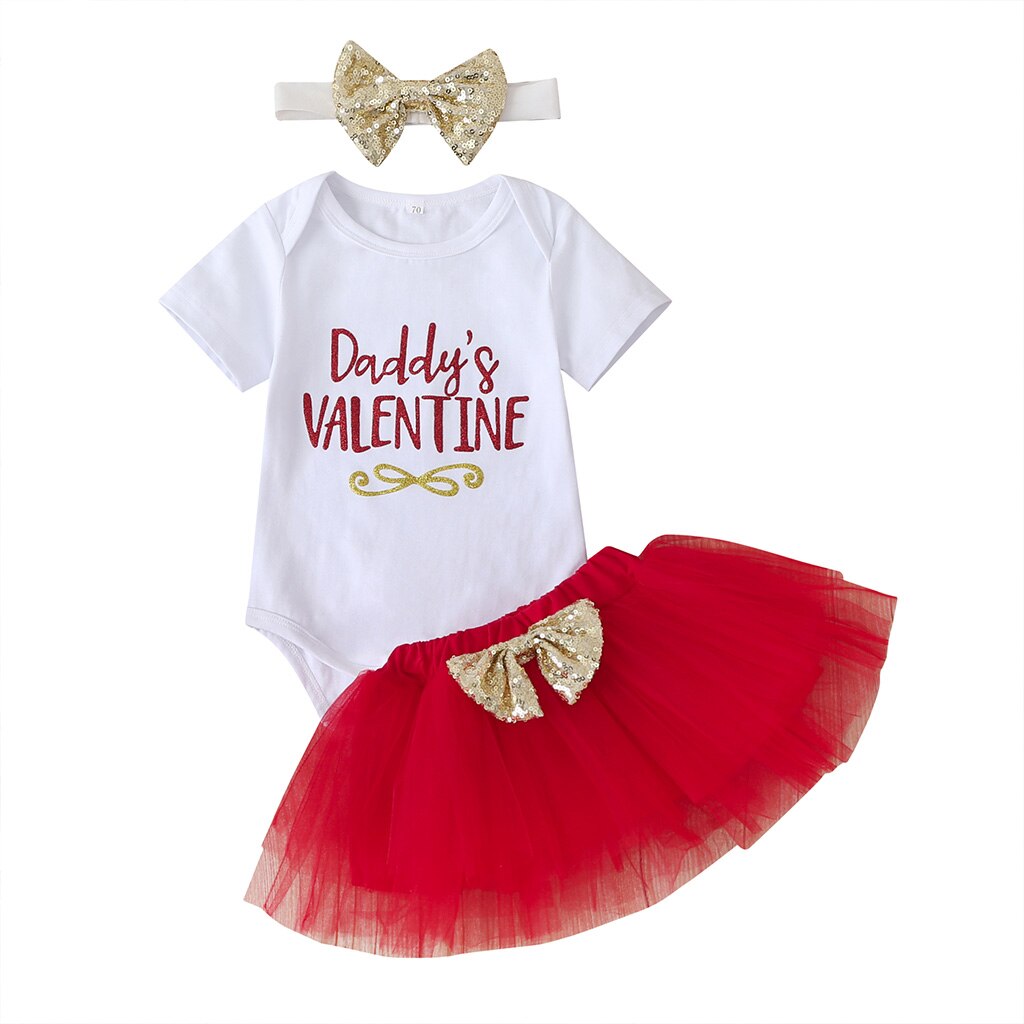 Barboteuse 3 pièces -né infantile bébé fille scintillant nœud lettre papa saint valentin tenues ensemble Tutu jupe ensemble