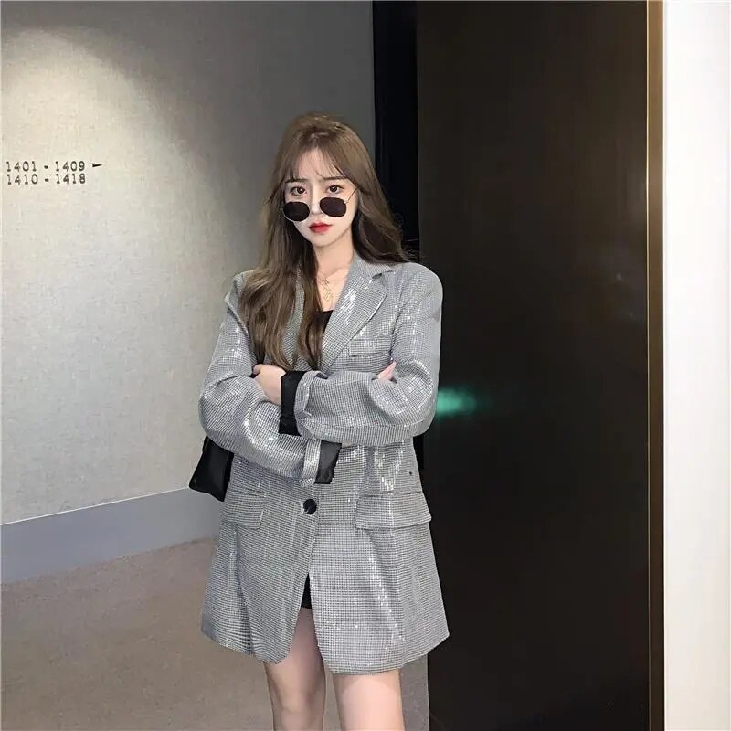 Hstar – petit costume de rue à paillettes pour femme, Blazer ample, coréen, nouvelle veste drapée, bureau, printemps-automne, 2022