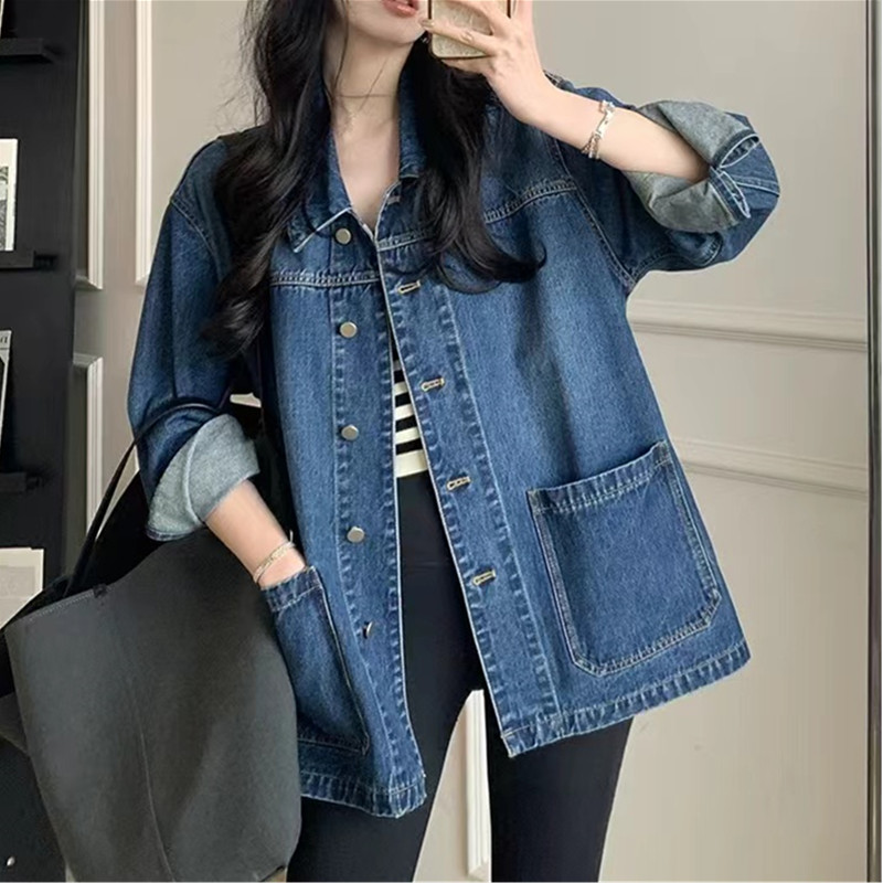 Cropped denimjakke efterår klassisk løs vasket bomuld blå jeansjakke dametøj i overtøj: Xl