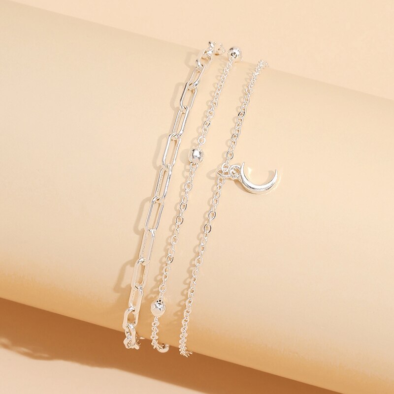 Multi-layer Bracele Silver Metal Chain Moon Pendant Anklet Sandals Barefoot Beach Foot Bridal Jewelry J015