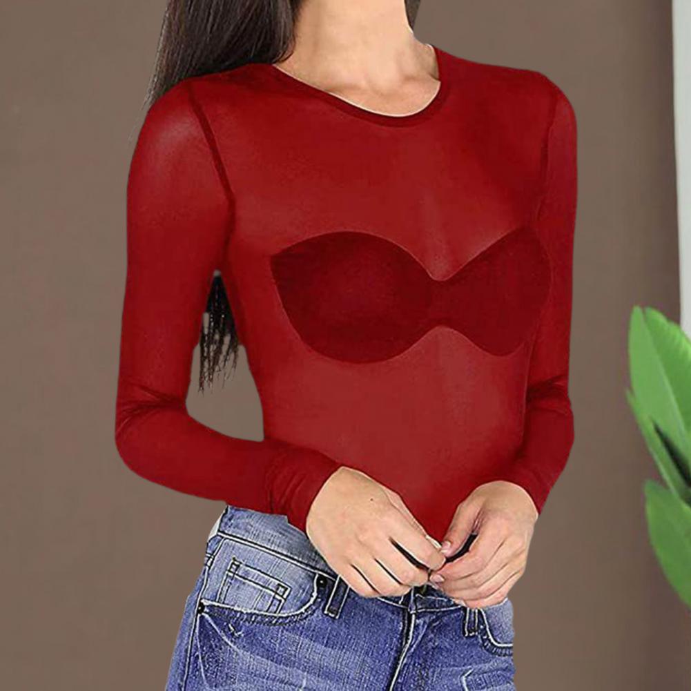 Transparent mesh-bluse til kvinder, langærmet, sexet, gennemsigtig, stretchgarn-bluse med mesh-bund, sol-t-shirt