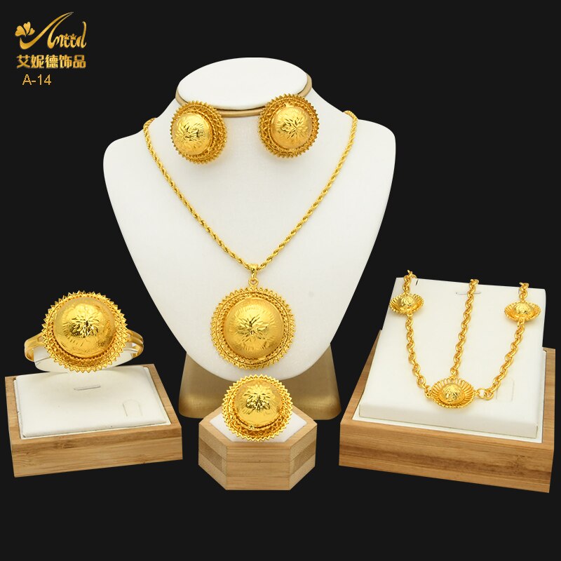 ANIID Dubai Ethiopian Flower Gold Plated 6pcs Jewelry Sets For Women Nigerian Luxury Necklace Jewellery Set Wedding Party: A-14-Gold