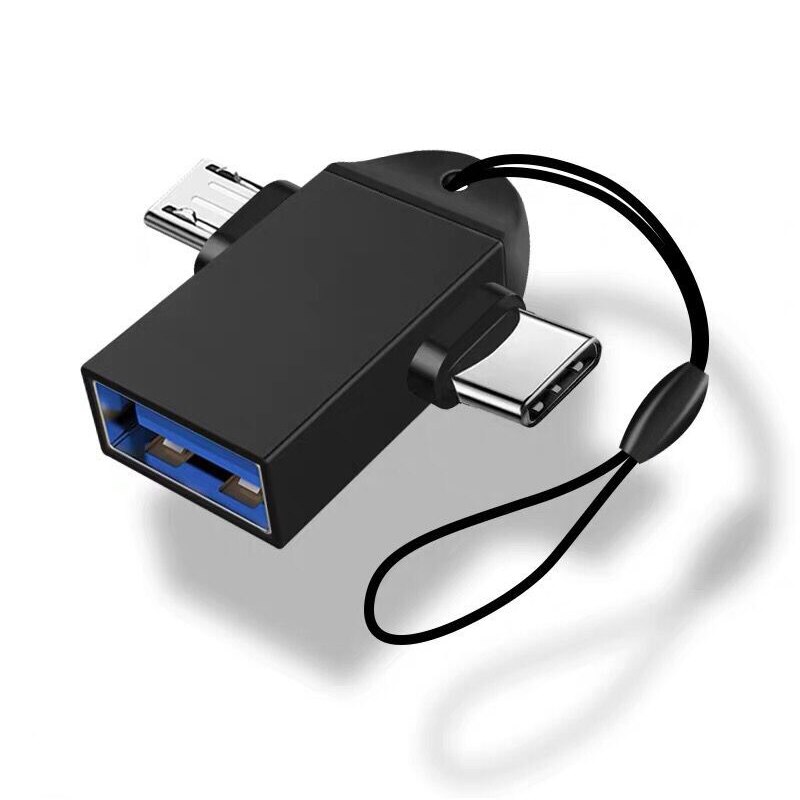 Android Type-C 2 In 1 OTG Micro USB Host Power T Splitter USB 3.1 Adapter: black lanyard