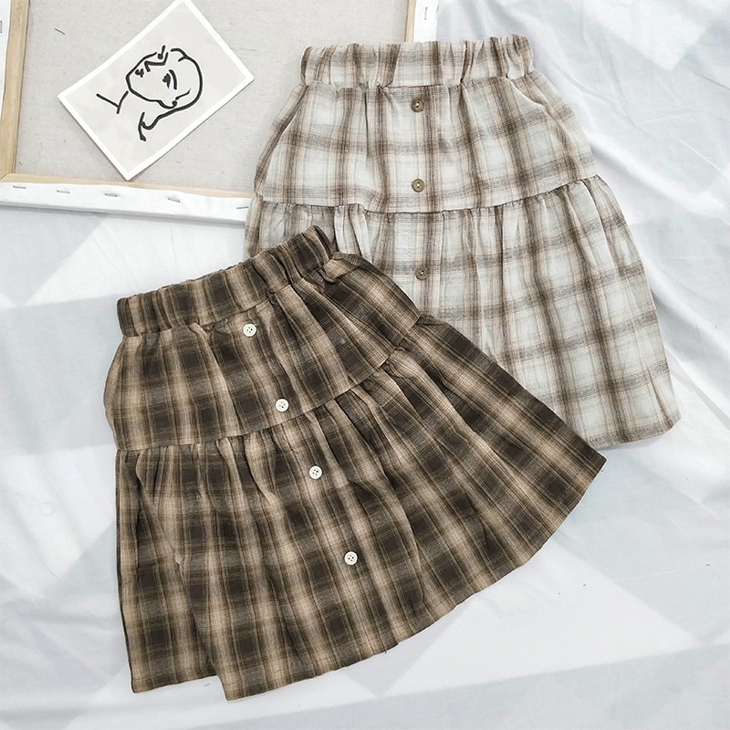 Børnetøj bomuld plaid halv nederdel forår skotsk knap lange nederdele piger plisseret bomuld spædbørn tøj