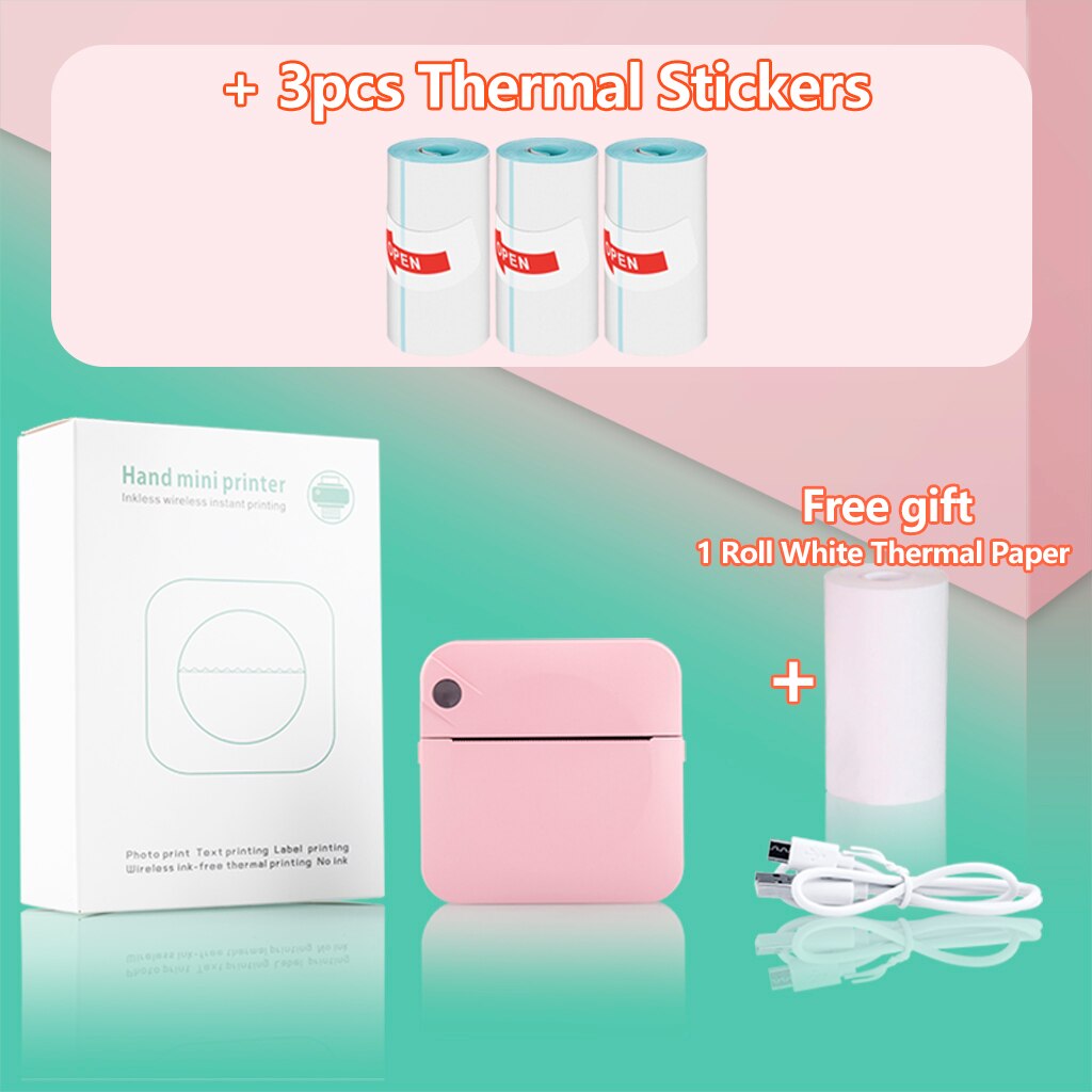 Portable Mini Printer Pocket Printer Student Note Printer Photo Text Bar Code Printer: Pink 3 Stickers