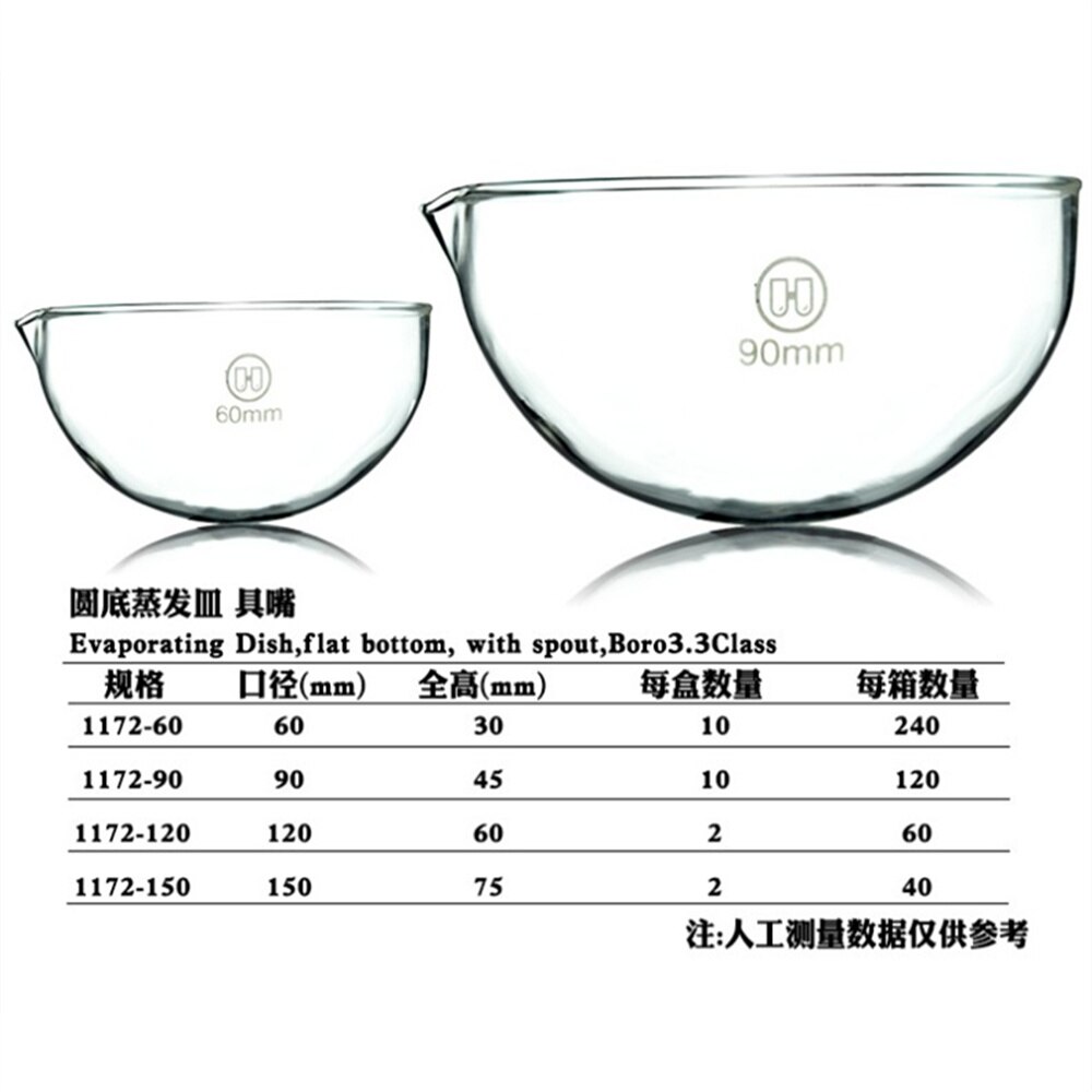 Evaporating Dish,Round Flat Bottom,Outer diameter 60,90,120 150MM,Lab Glass dishes with spout