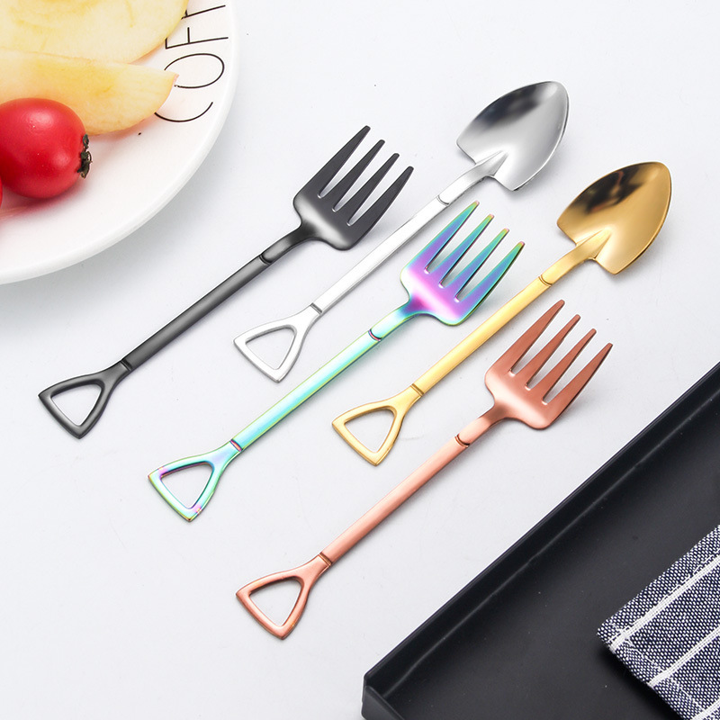 4PCS Coffee Spoon Cutlery Set Stainless Steel Retro Iron Shovel Ice Cream Spoon Fork Spoon Fruit Fork Tableware