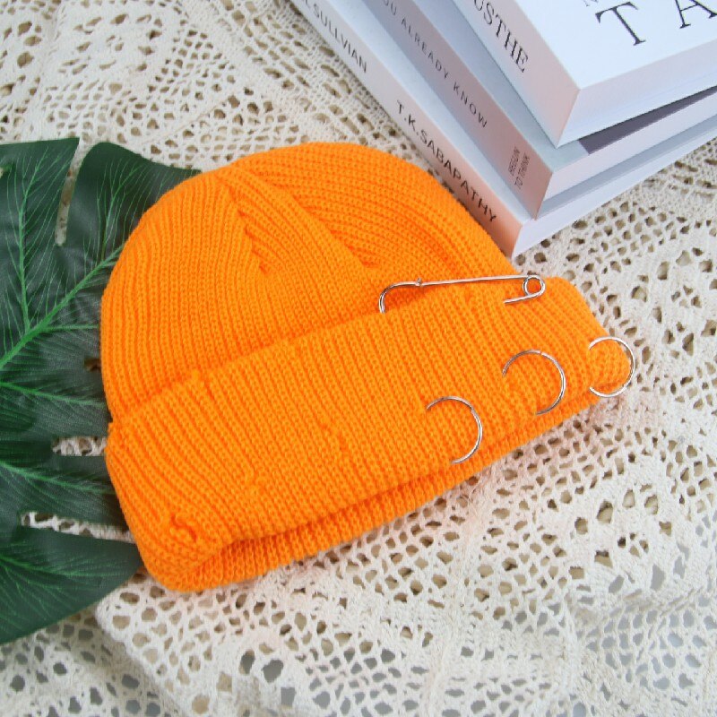 Hoeden Voor Vrouwen Mutsen Effen Broche Gat Skullies Vrouwen Hoeden Casual Party Unisex Straat Hiphop Winter Hoeden Sombrero de Mujer: orange