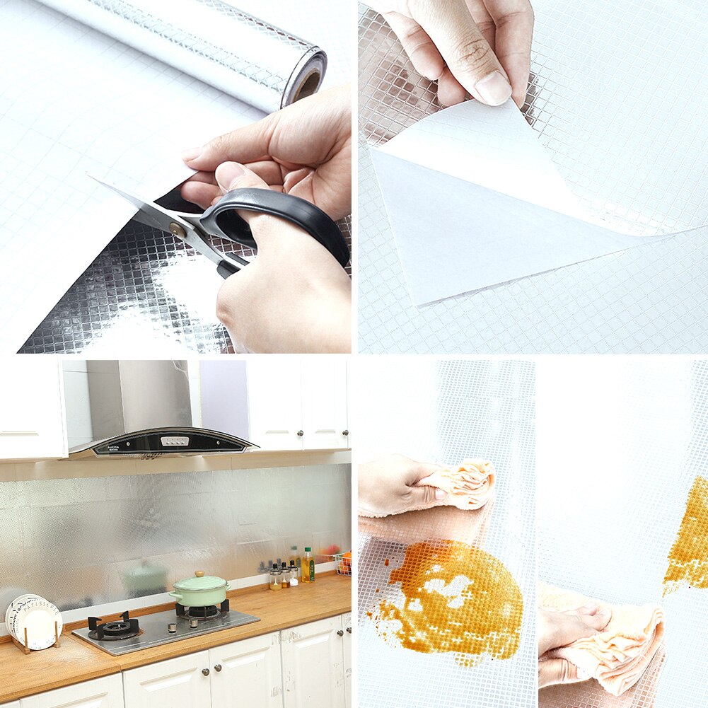 Selvklæbende aluminiumsfolie papir varmebestandig fugtfast fedtbestandig oliesikker lækagesikker vægsticker køkkenartikler