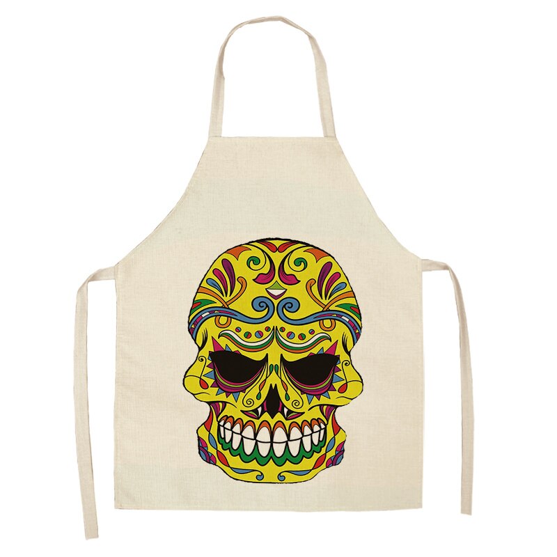 1Pc Skull Pattern Kitchen Chef Apron for Cooking Sleeveless Cotton Linen Aprons Adult Bibs Home Cleaning Accessories 53*65cm: N