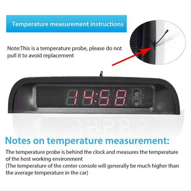 Car Clock Internal, Stick-on Digital Watch Solar Powered 24-Hour Car Clock with Built-in Battery, Car Decor (Red Light)