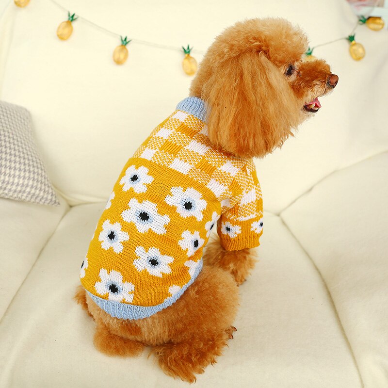 Hund sweater efterårsblomst plaid bamse chihuahua kæledyrstrøje strikket varmt hundetøj