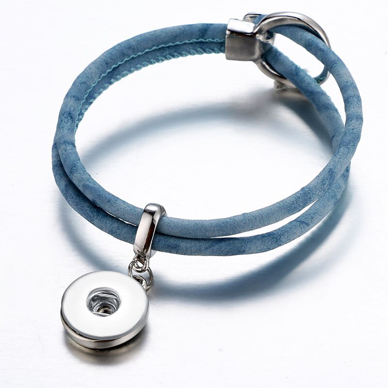 Beauty multi-color Leather simple Buckle Snap bracelet 20cm fit DIY 18MM snap buttons snap jewelry SE0204: blue