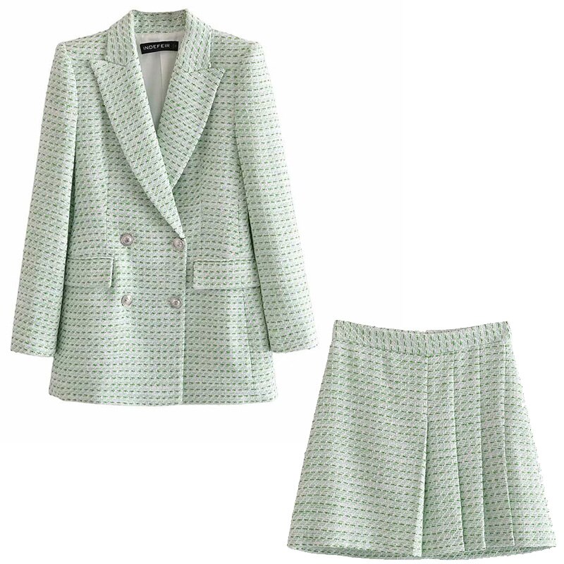 las nuevas mujeres conjunto de dos piezas de Blazer a cuadros y plisados Falda corta de traje de Casual dama de las mujeres trajes de