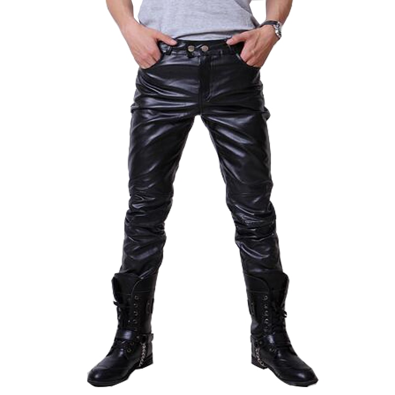 Hip Hop Mens Leather Pants Faux Leather Pu Material 3 Colors Motorcycle Skinny Faux Leather Casual Pants