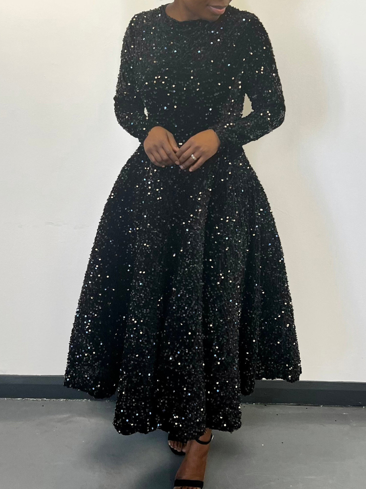 Vestido plisado de terciopelo con lentejuelas para mujer, traje Vintage de manga larga con purpurina para de Navidad y eventos de cumpleaños, novedad de invierno, 2024