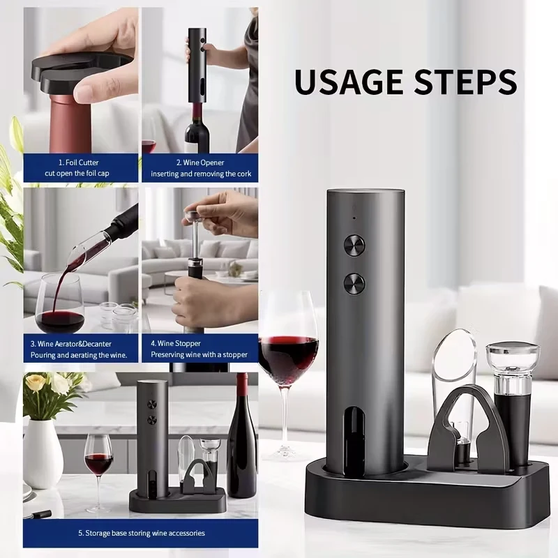 Rechargeable electric wine opener with foil cutter pourer & vacuum stopper compact for home kitchen weddings Christmas