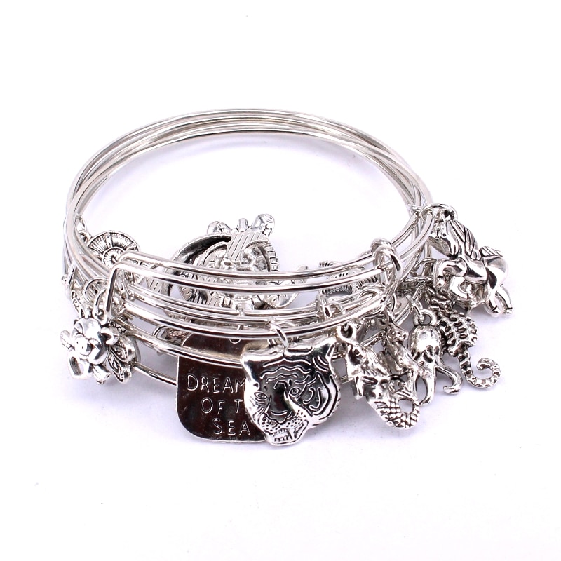 5pcs Bangle Set Wire Bracelets for Women Girls Jewllery Mixed Marine Life Starfish Dolphin Turtle Charm Bracelets C039