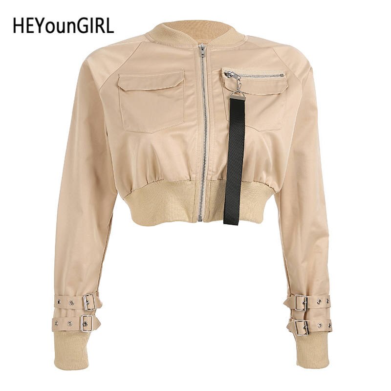 HEYounGIRL Streetwear Schwarz Bomber Jacke Harajuku Crop Mäntel und Jacken Frauen Herbst Punk Kühle Weibliche Jacke Koreanische Stil: Kakifarbig / L