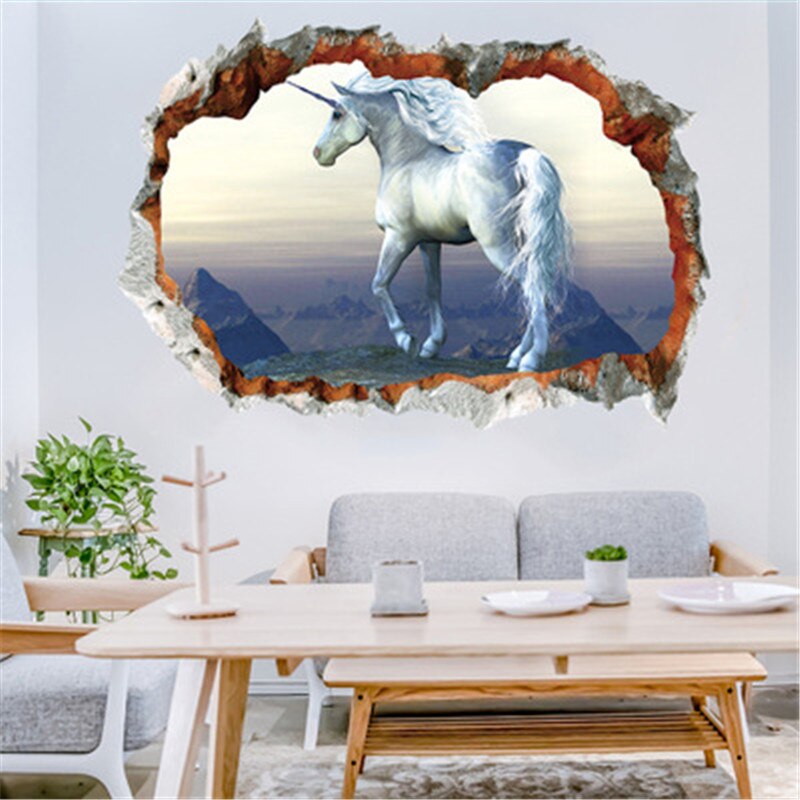 3D White Unicorn Wall Stickers For Kids Rooms Living Room Vinly Wall Decals Baby Bedroom Decorative Stickers Muursticker