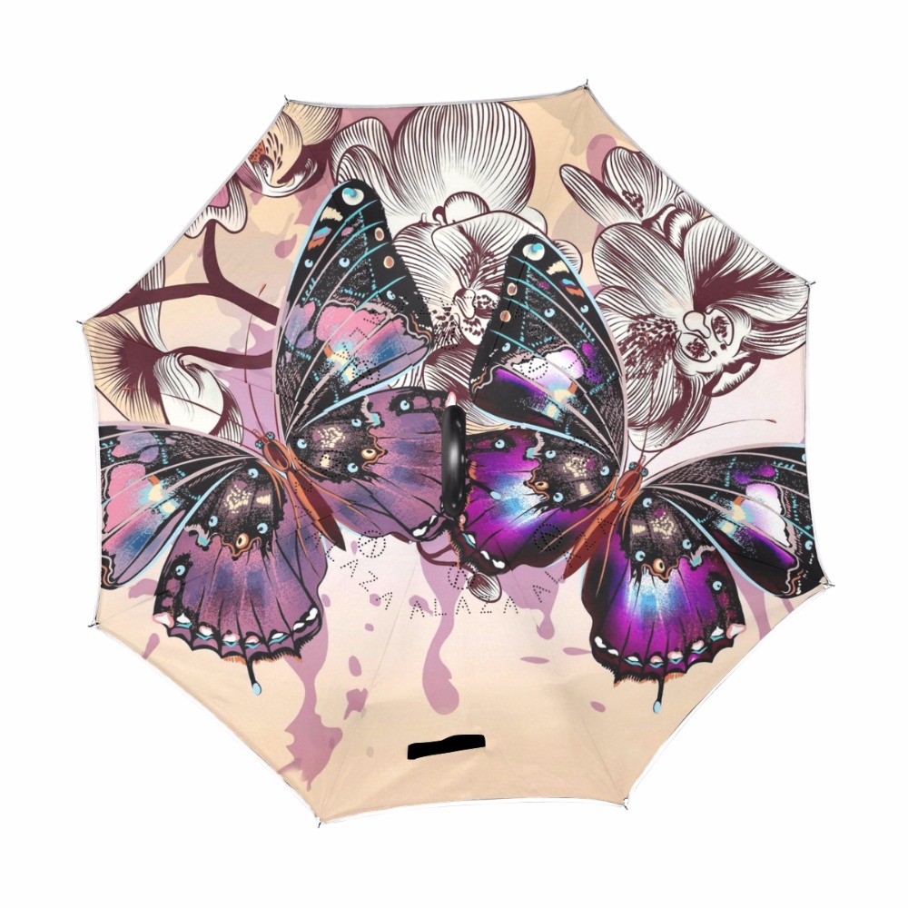 Creativo Farfalla Doppio Strato Invertito Ombrelli Antivento inversione Ombrello auto Del Basamento di Protezione Contro La Pioggia C-Gancio Mani per auto