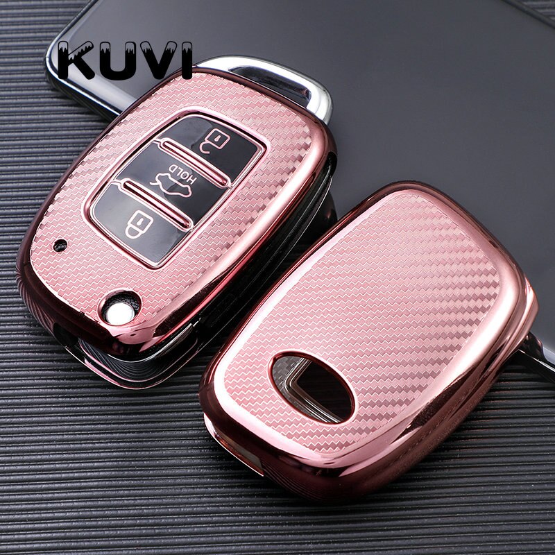 Carbon Fiber TPU Car Key Cover Case Shell for Hyundai Tucson Creta Ix25 I10 I20 I30 Verna Mistra Elantra Santa Fe: pink