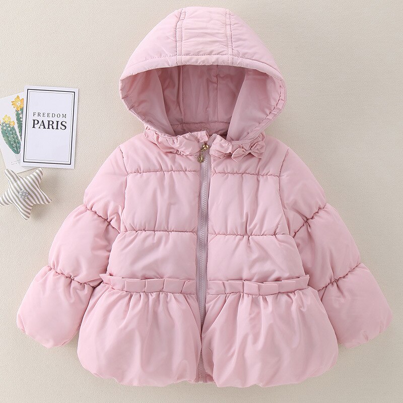 Ins Baby Meisjes Winter Jas Kinderen Gewatteerde Jas Koreaanse Kinderen Pure Kleur Rits Capuchon Gewatteerde Jas Afneembare hoed: pink / 80