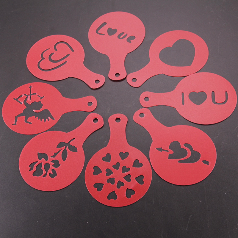 8pcsPcs/set Plastic Frothing Coffee Pitcher Pull Flower Template Mold Barista Stencils Decorating Tool Art Milk Froth Cappuccino