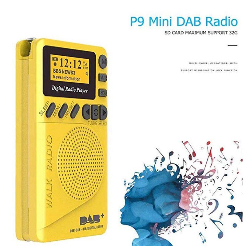 Fickradio bärbar dab digital radio uppladdningsbar fm-radio lcd-skärmhögtalare för gång eller jogging