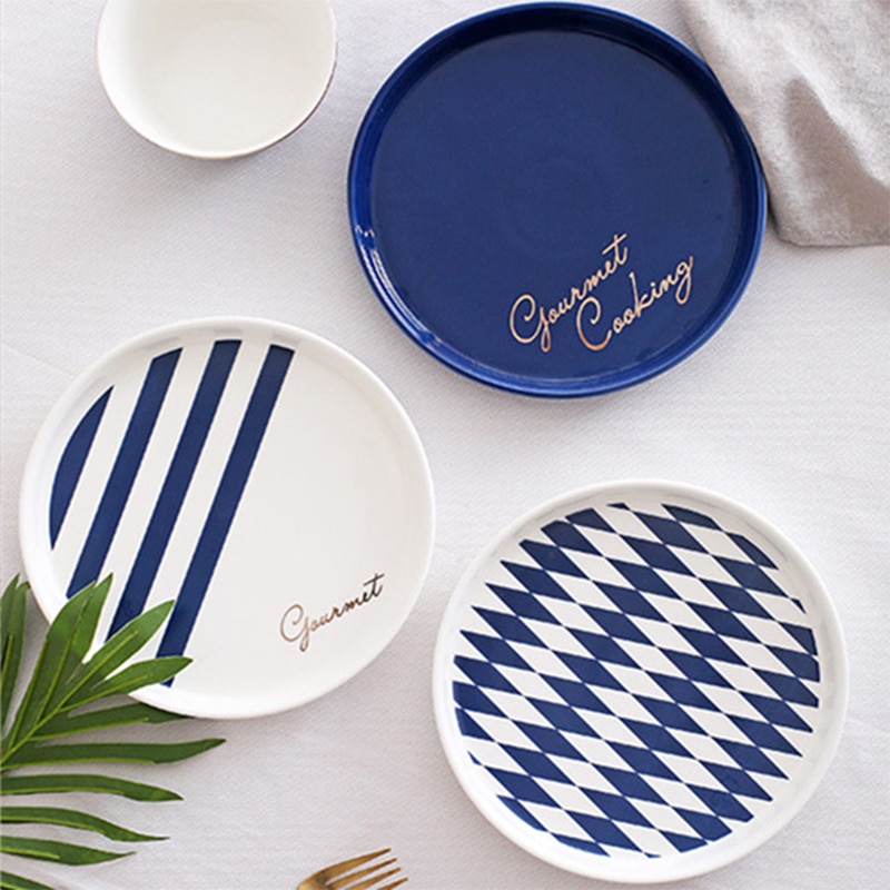 Nordic Blue White Stripes Ceramic Tableware Set Western Food Plate Bowls Breakfast Dish Salad Bowl Rice Bowl Dishes