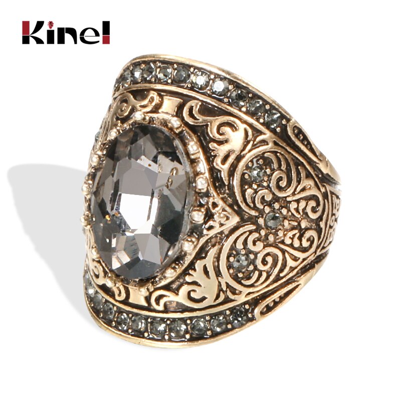 Kinel anéis vintage de cristal cinza quente para mulheres, ouro antigo e oval de zircônia, anéis étnicos para noivas, joias para casamento, acessórios de festa