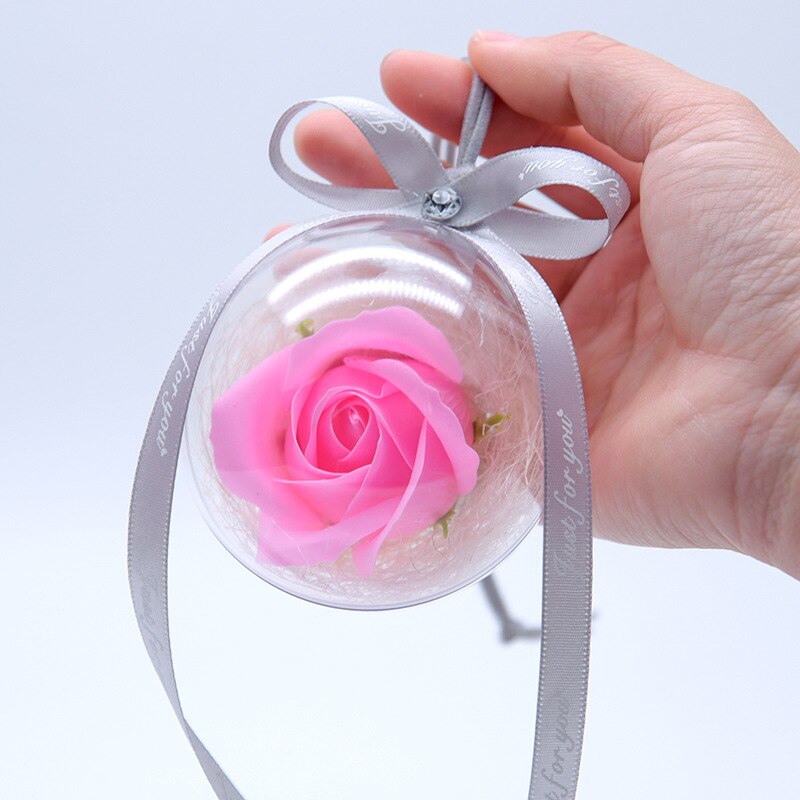 Evig blomst rose glas krystalkugle kunstig blomst bryllup simulation evigt liv roser bold med nøglering romantisk: Lyserød