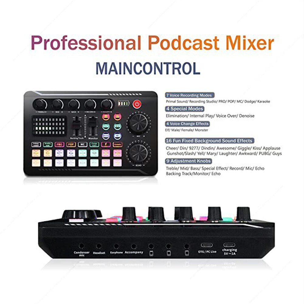 Sound Card 16 Sound Effects Noise Reduction Mixers Multi-function Adjustment Sound Card for Phone PC Computer DJ Music Studio