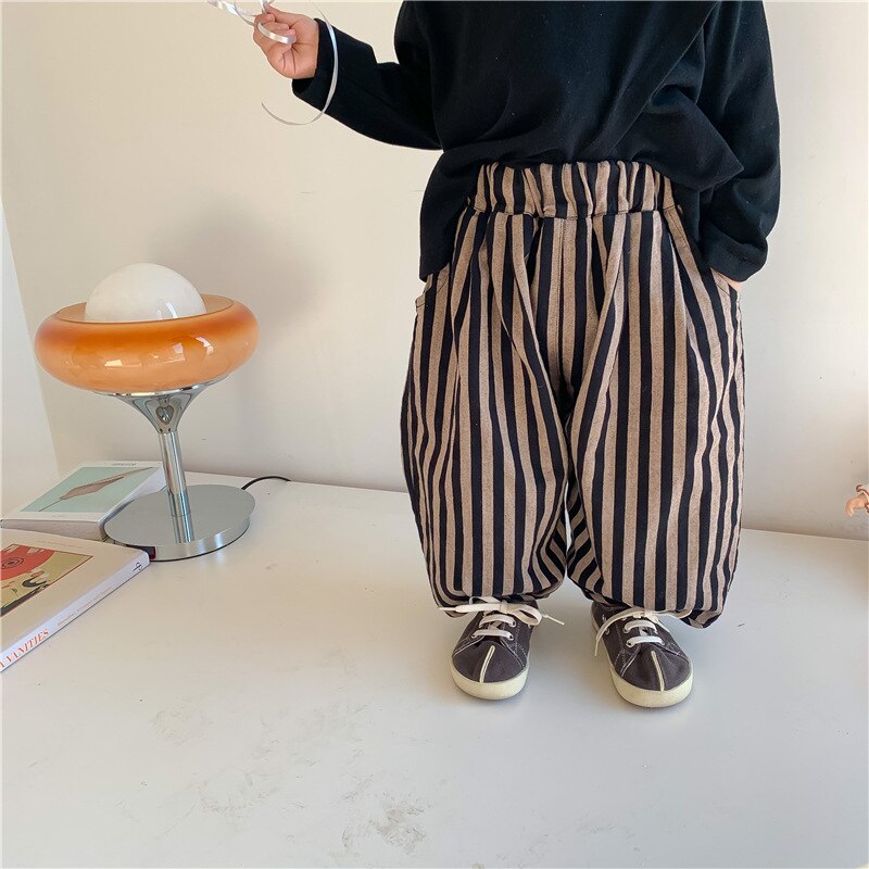 2022 Spring Kids cotton linen loose bloomers Children vertical stripe trousers: Black / 2T
