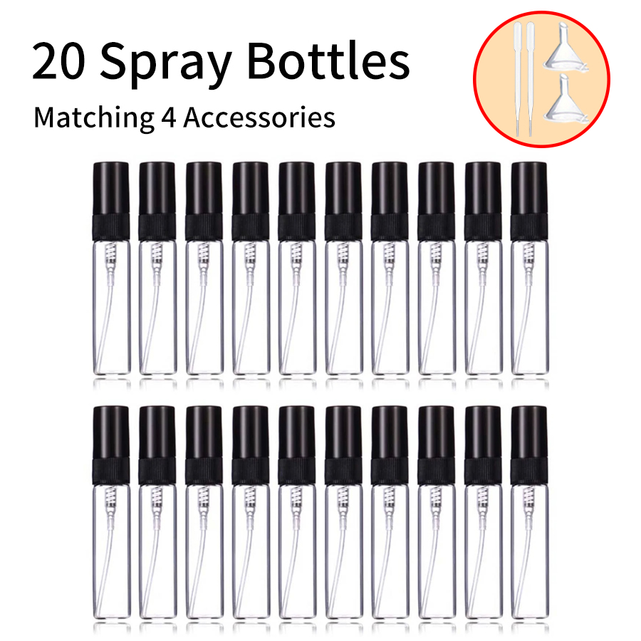 20 piezas 4 accesorios 5ml Mini botellas de vidrio en aerosol de perfume con 20 botellas de spray, 2 embudos, 2 cuentagotas: Default Title