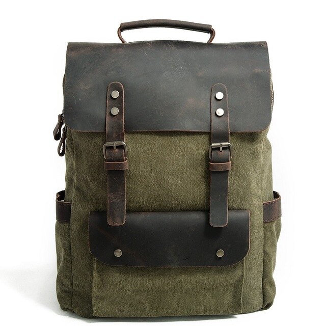 laptop men&#39;s backpack waxed canvas Backpack Vintage Canvas Backpack Leather School Bag Neutral Portable Wearproof Travel Bag: army green