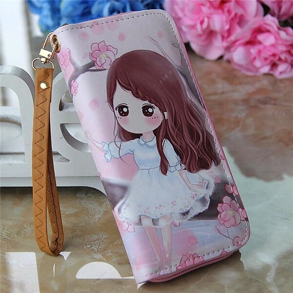 Lovely Women Girl Long Cartoon Raffiti Wallet Bag with Strap Card Holder Coin Purse Change Wallet Zip PU Leather Letter Handbags: 2