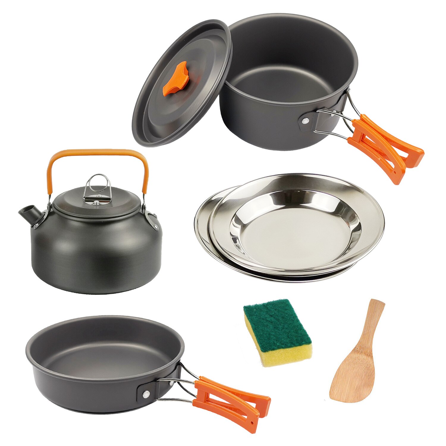 1 Set Outdoor Pots Pans Camping Cookware Picnic Cooking Set Non-stick Tableware With Plate Set Combination: Orange