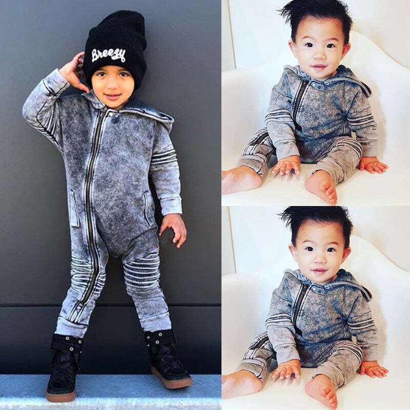 0-3Y Toddler Baby Boys Casual Romper Clothes Long Sleeve Zipper Denim Blue Hooded Solid Jumpsuits Outfit Autumn Winter