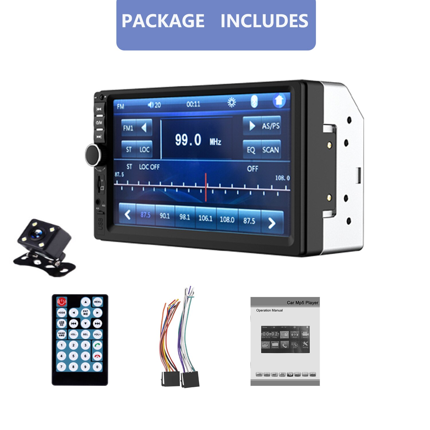 ESSGOO-reproductor Multimedia con pantalla táctil de 7 pulgadas para coche, autorradio estéreo 2 din con MP5, FM, Bluetooth, USB, TF, Mirror link, cámara: With 4LED Cam
