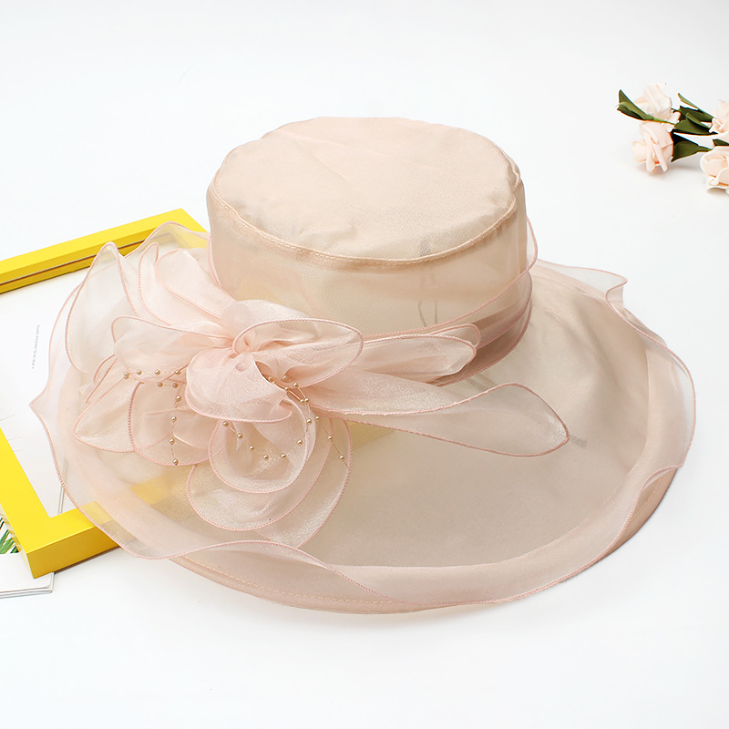 18 Color Ladies Summer Hat White Black Organza Church Fascinator Wedding Tea Party Derby Hats for Women Flower Wide Brim Sun Hat: Pink