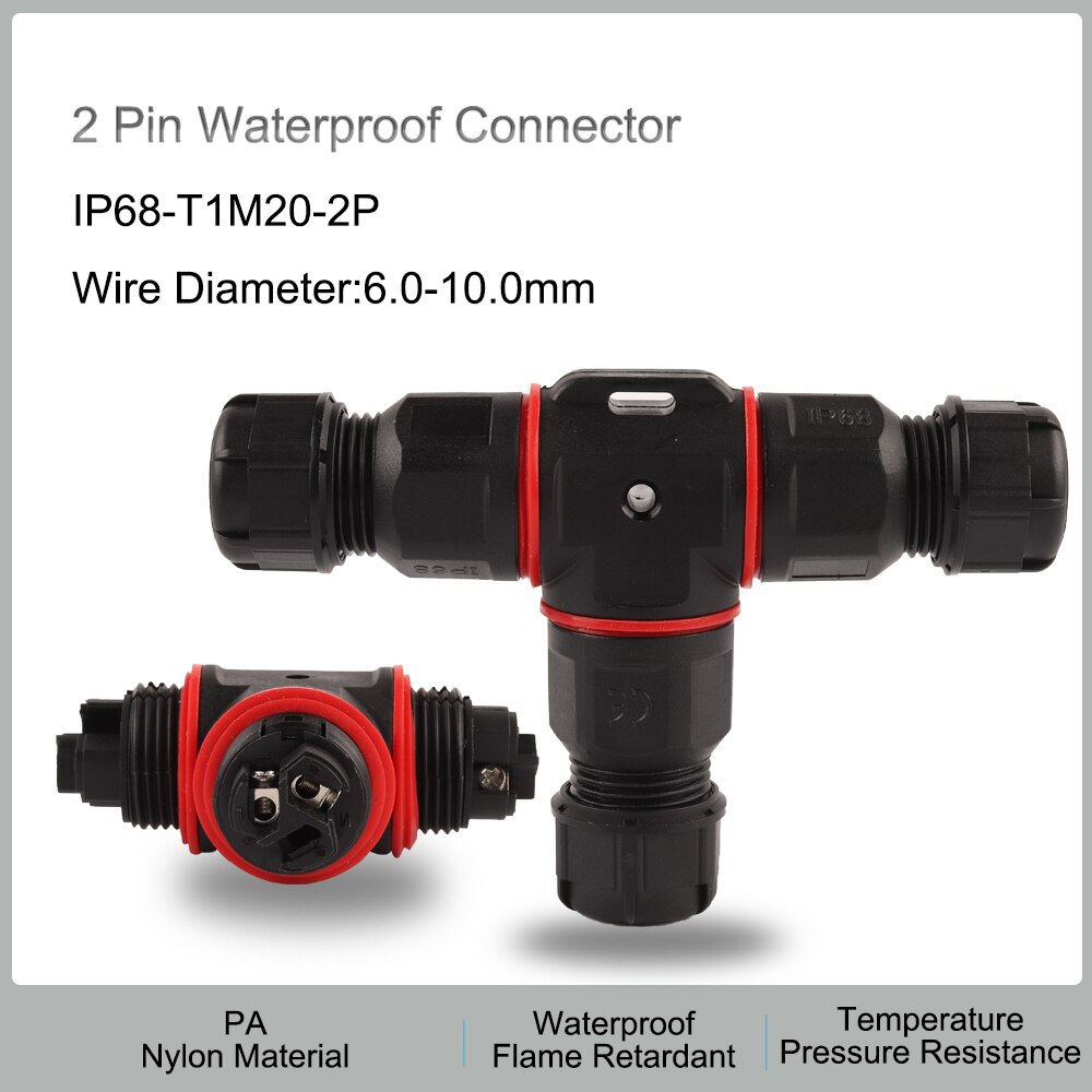 Conector a prueba de agua IP68, forma de E/S/T, 2/3/4/5 Pines, adaptador de Terminal eléctrico, conector de Cable para conexión de luz LED al aire libre: 2P M20 T Shape