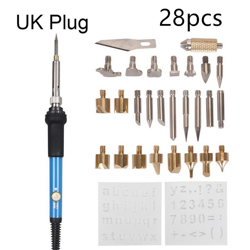 28 Uds. Herramienta de grabado de pirograbado de hierro de soldadura ajustable, pluma de grabado en relieve de madera, conjunto de puntas de soldadura, Kit de puntas de soldadura, enchufe EU/US/UK
